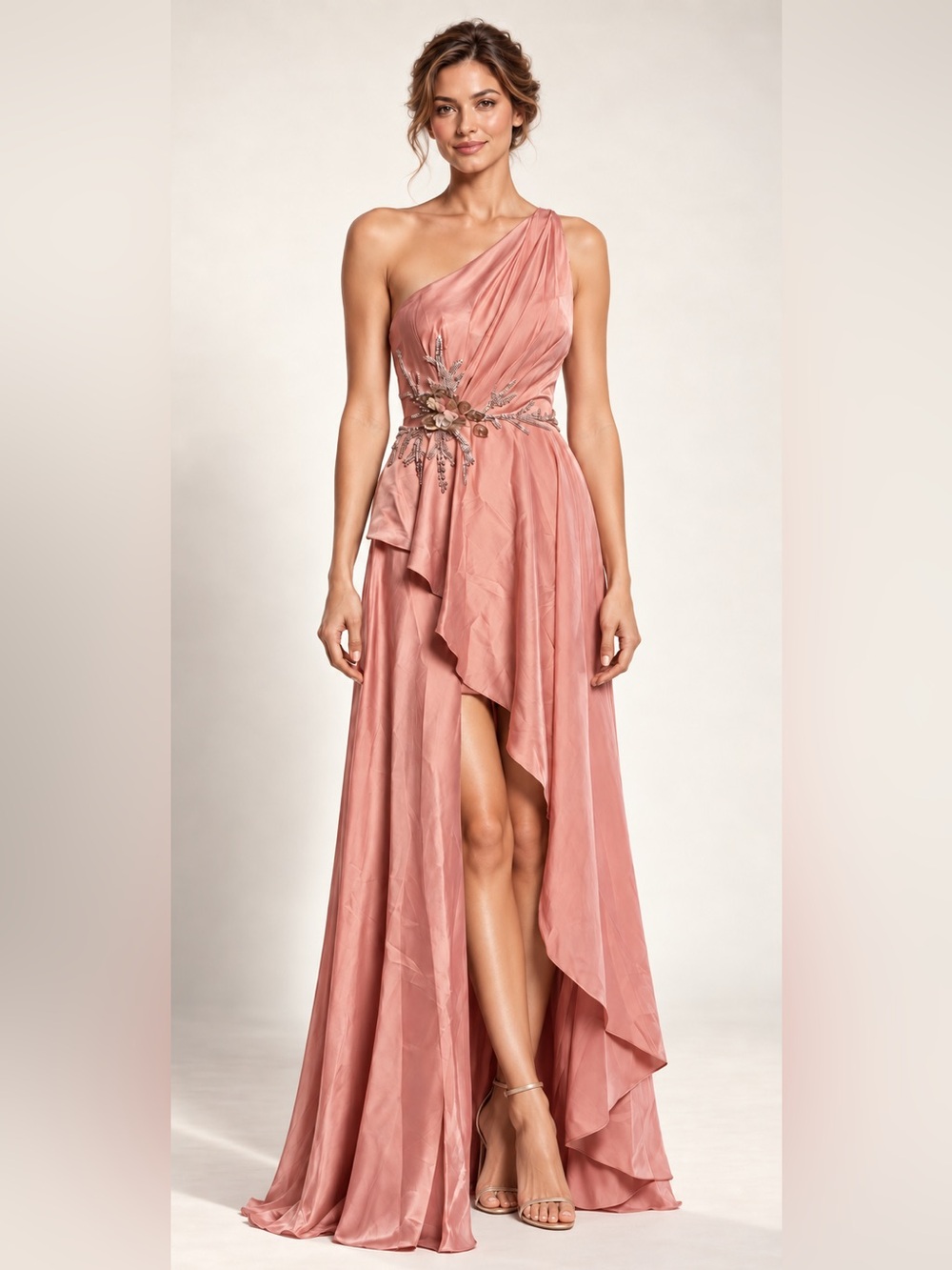 Mac Duggal One-Shoulder Blush Pink Embellished Evening Gown